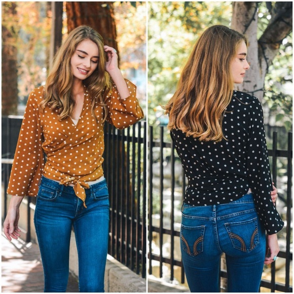 Polkadot Kimono Wrap Top-Camel - Picture 3 of 4